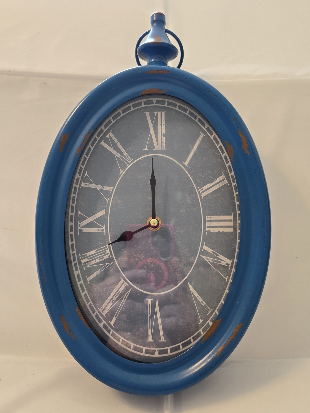Vintage Style Blue Oval Wall Clock Roman Numerals Distressed Farmhouse 15in